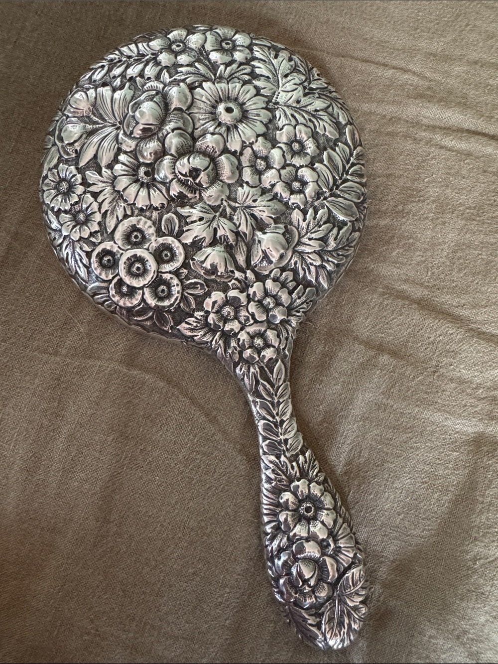 Vintage Stamped Sterling Silver Floral Embossed Hand Mirror